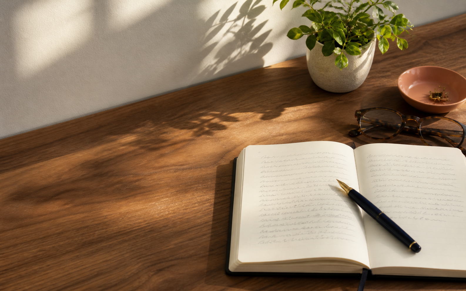 A sunlit writing desk with an open notebook, pen and plant